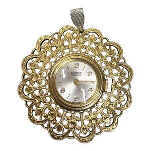 Vtg Glamour 17 Jewels Swiss Made Gold Tone Filigree Pendant Watch NEEDS BATTERY